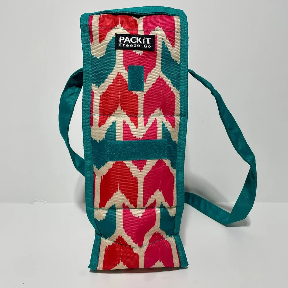 PackIt Freeze+Go Single Wine Cooler Bag Insulated Pink Teal Ikat Freezable Gel
